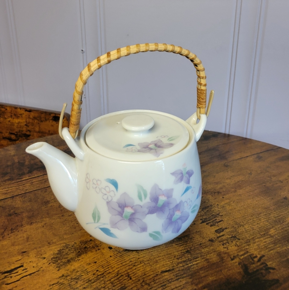 Vintage Japanese porcelain purple Floral Teapot Wicker Handle